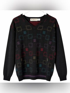 Vintage St. Croix Knits Men’s L V-Neck Geometric Sweater Black Multicolor